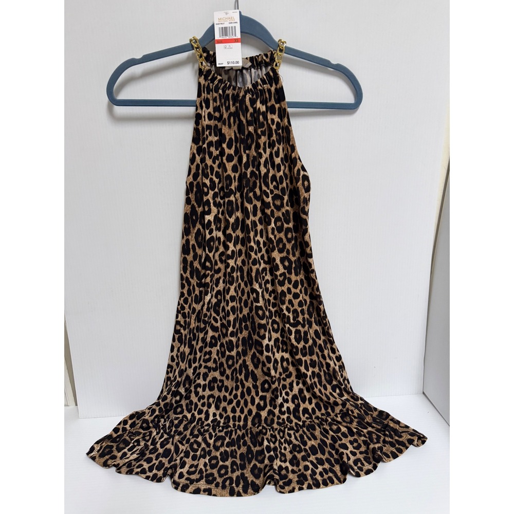 Michael Michael Kors Leopard Halter Top Gold Chain Ruffle Hem XS QS481TNCJT